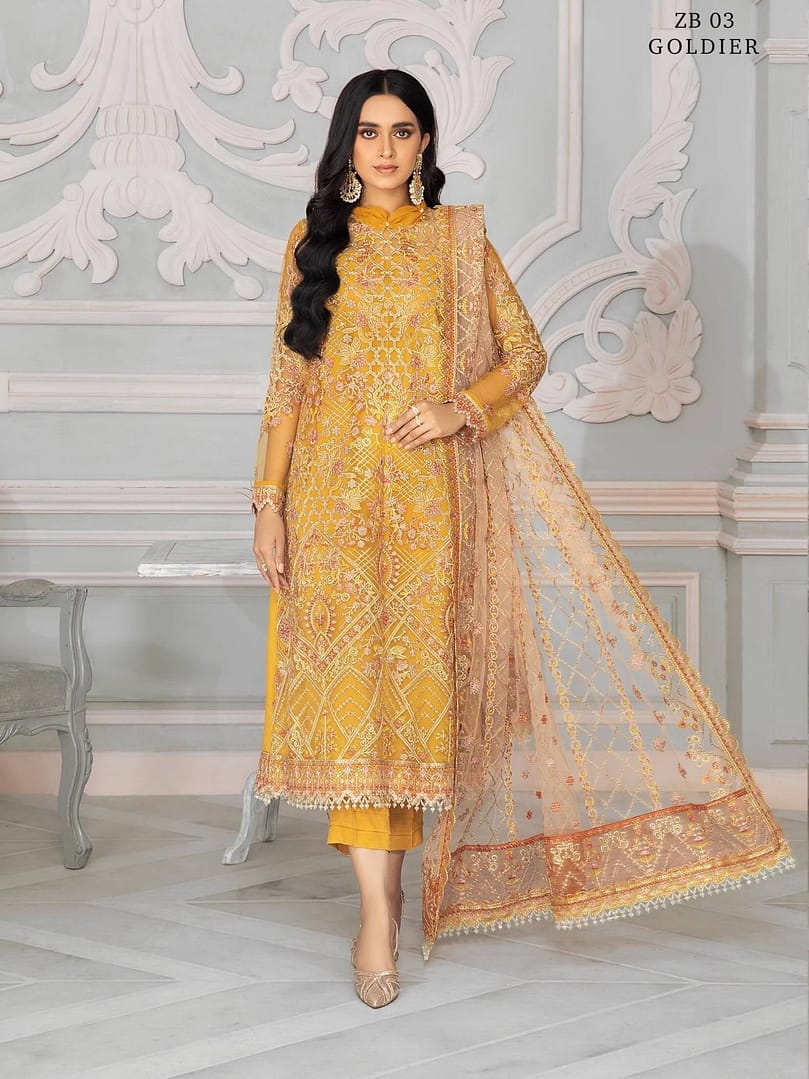 ZB-03Goldier ZARIF Bahaar Unstitched Formal Embroidered 3Pc Suit ZB-03 GOLDIER